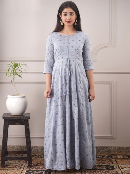 Light Gray Chanderi Printed Party Gown