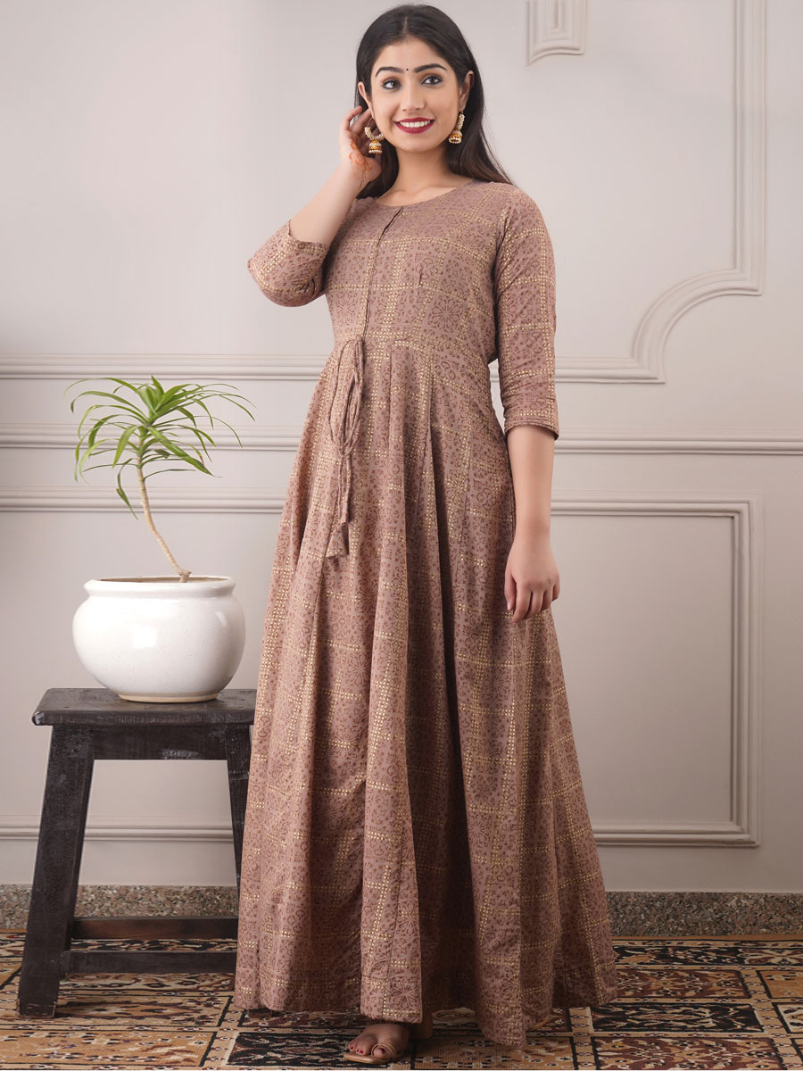 Light Brown Chanderi Printed Party Gown