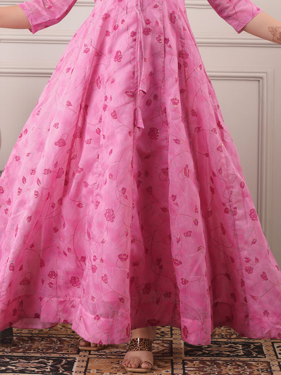 Rose Pink Chanderi Printed Party Gown