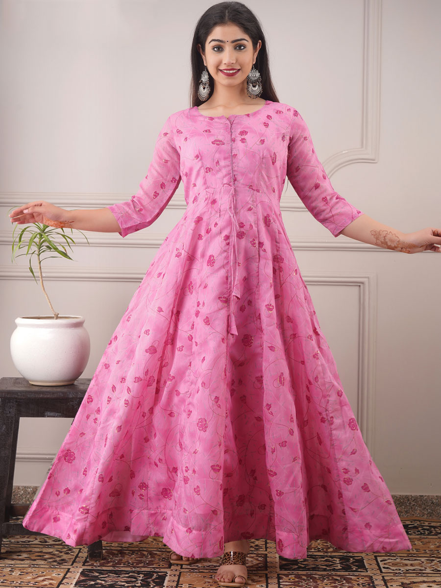 Rose Pink Chanderi Printed Party Gown