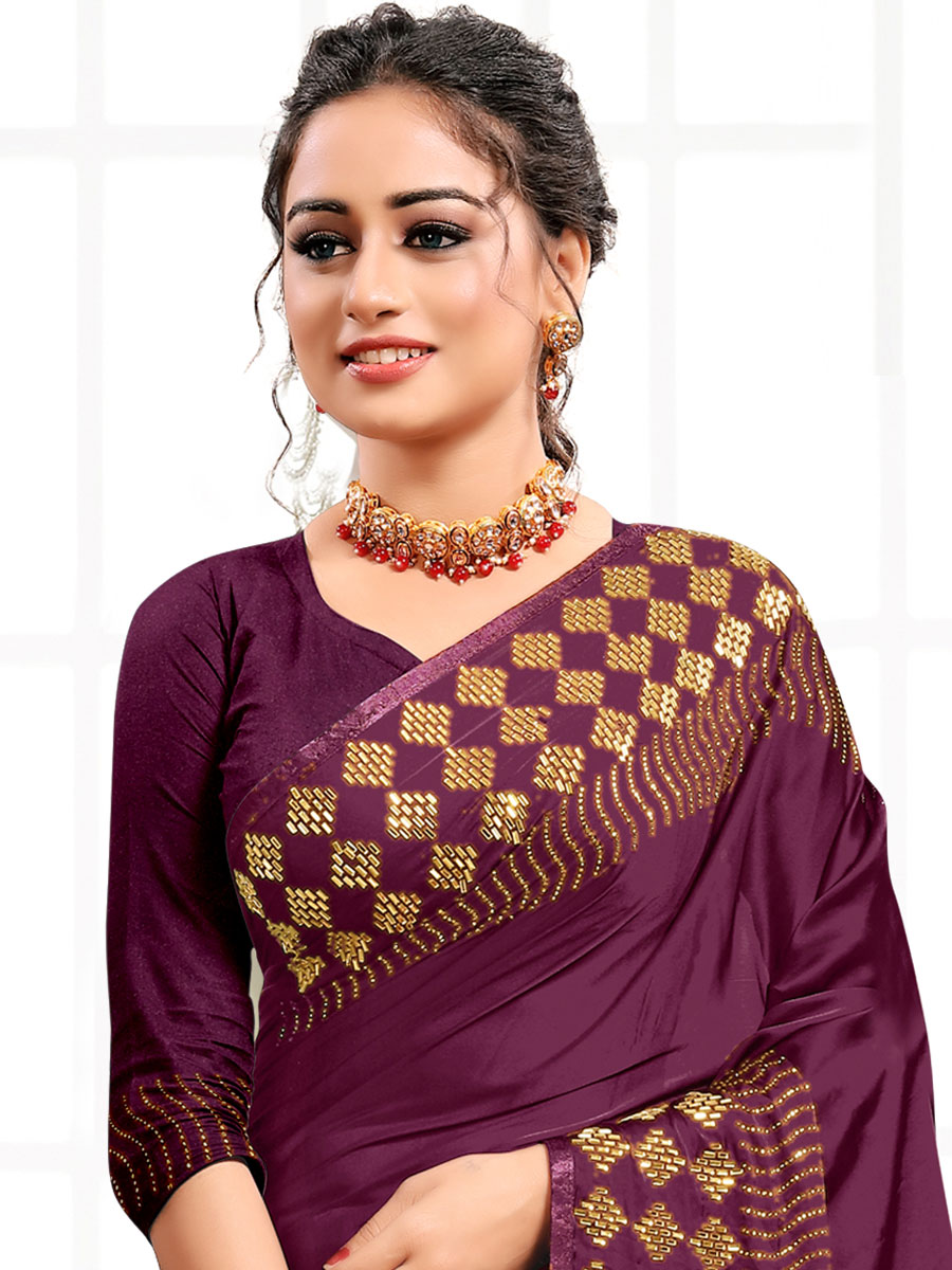 Wine Red Satin Plain Party Saree
