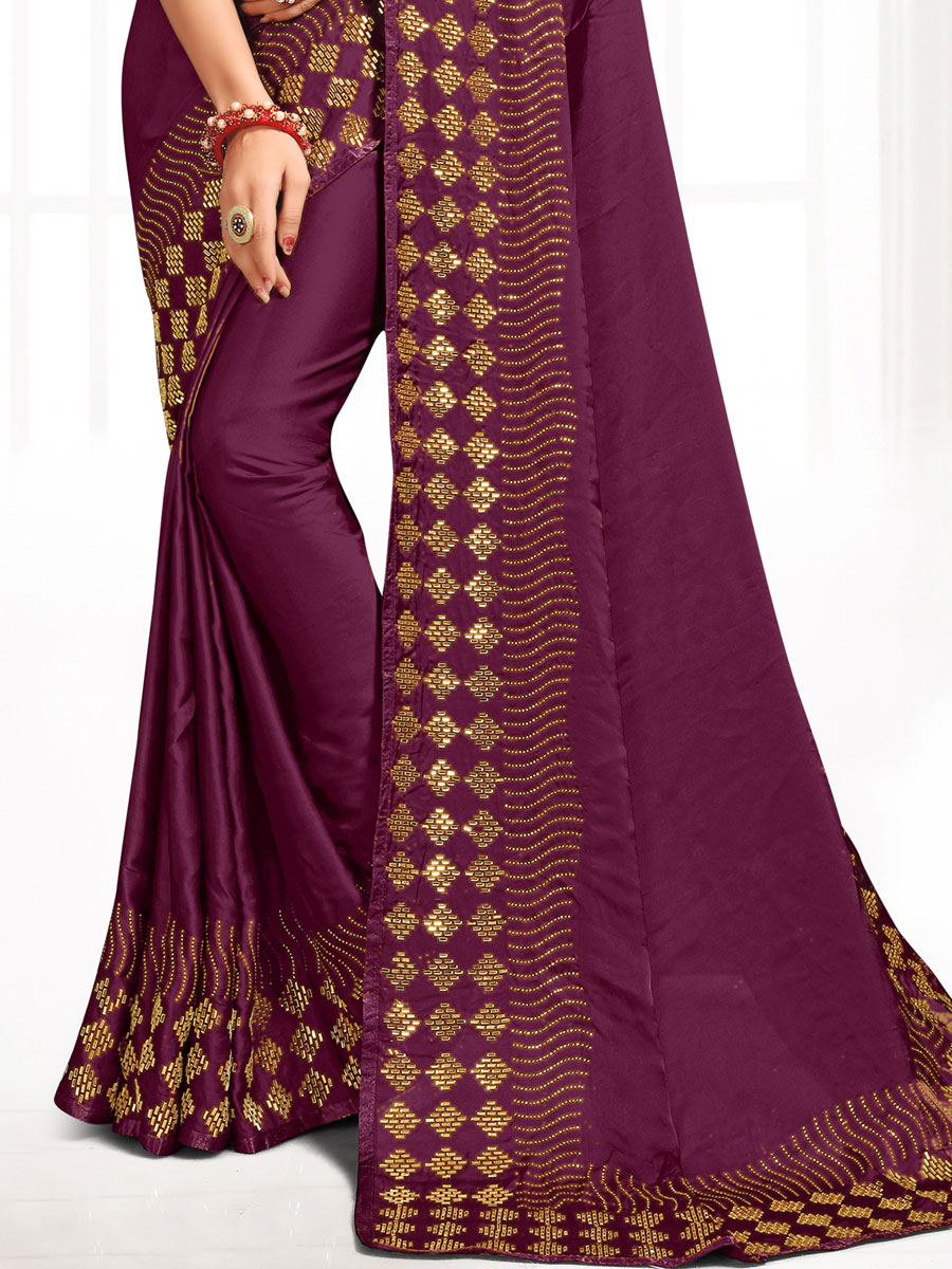 Wine Red Satin Plain Party Saree