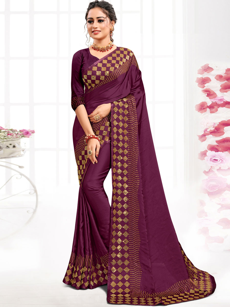 Wine Red Satin Plain Party Saree