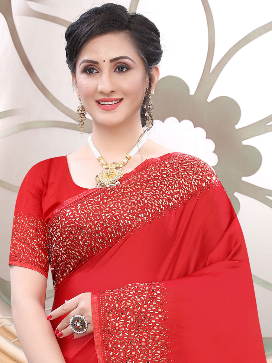 Rose Madder Red Satin Embroidered Party Saree