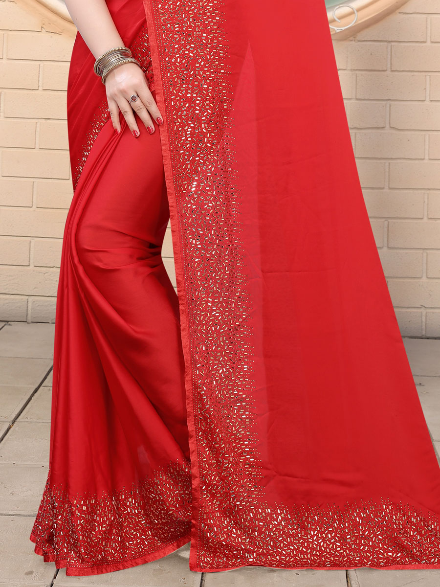 Rose Madder Red Satin Embroidered Party Saree