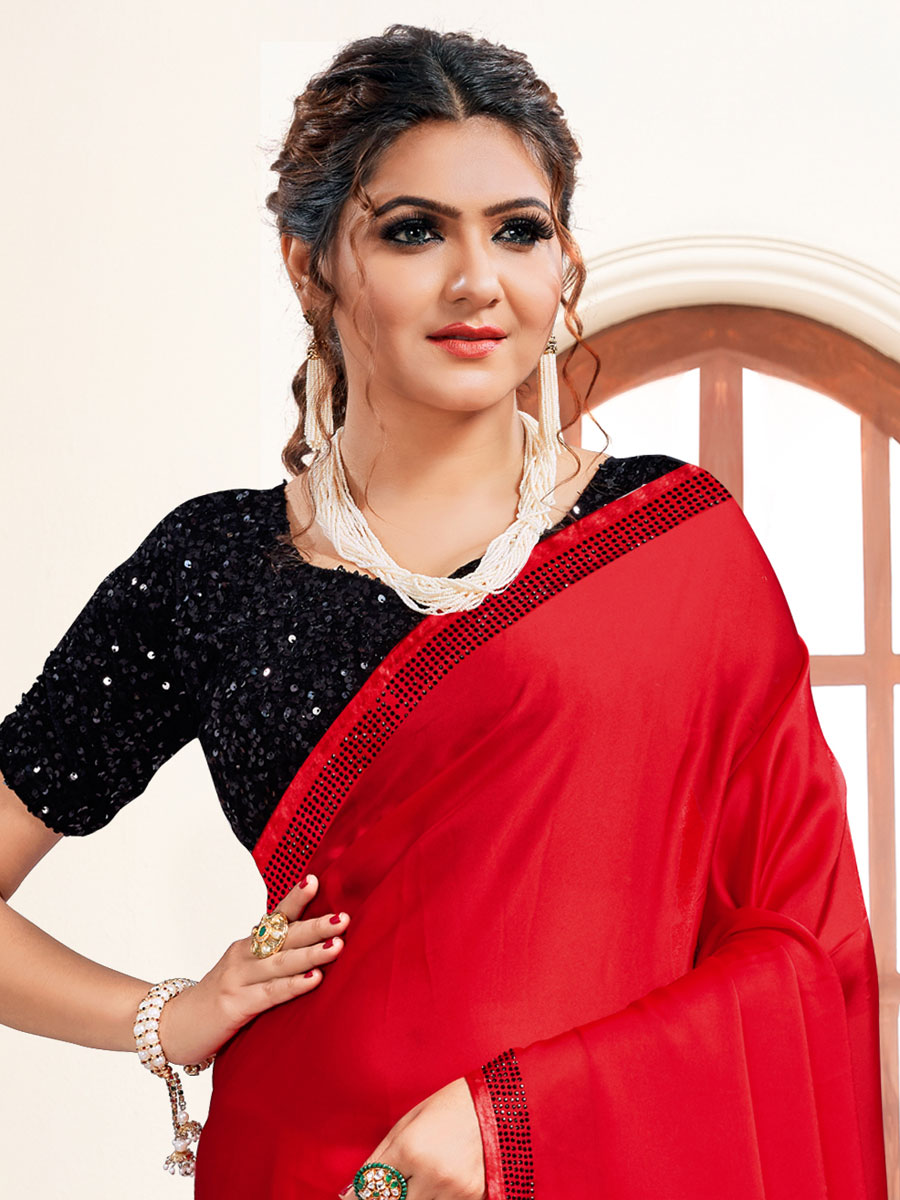 Rose Madder Red Satin Embroidered Party Saree