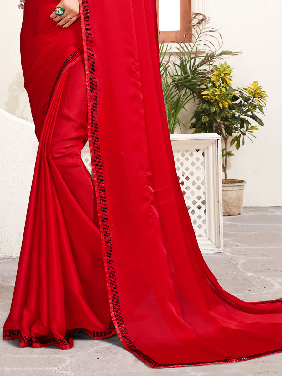 Rose Madder Red Satin Embroidered Party Saree
