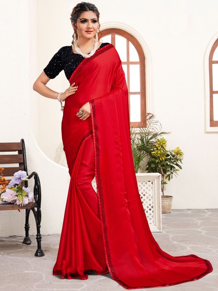 Rose Madder Red Satin Embroidered Party Saree