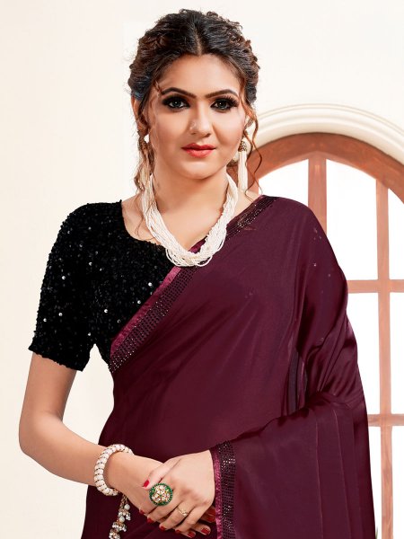 Wine Red Satin Embroidered Party Saree