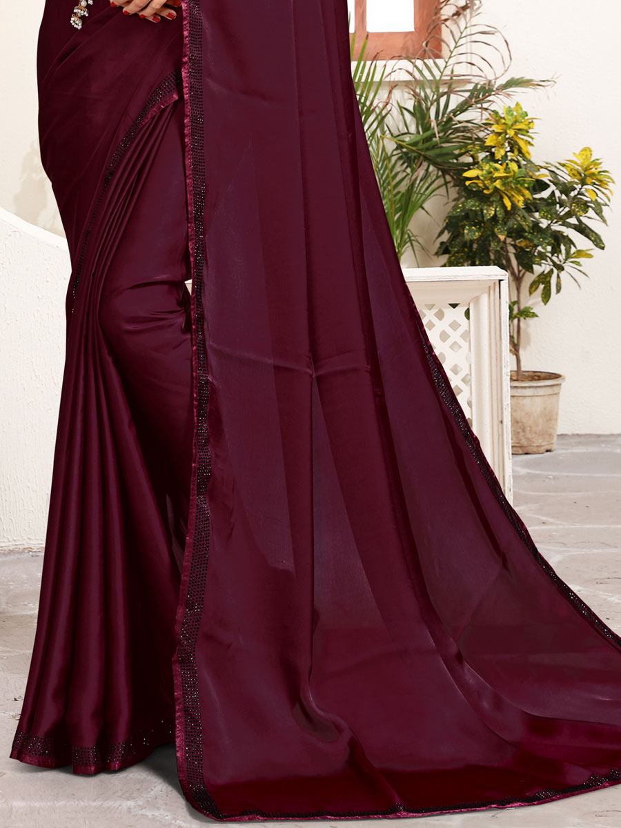 Wine Red Satin Embroidered Party Saree