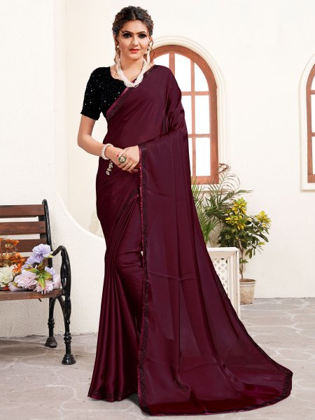 Wine Red Satin Embroidered Party Saree