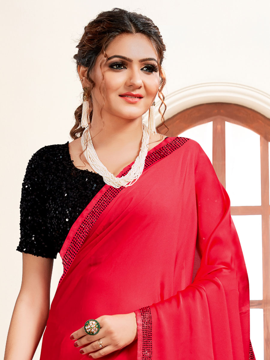 Carmine Pink Satin Embroidered Party Saree