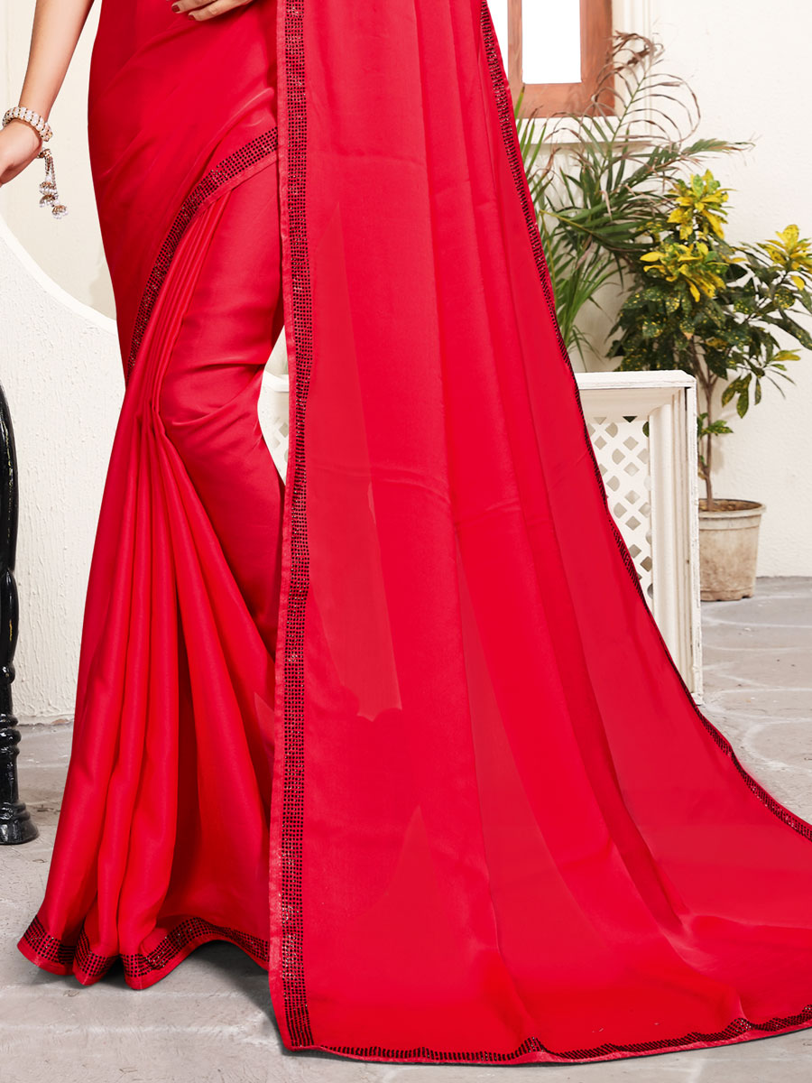 Carmine Pink Satin Embroidered Party Saree