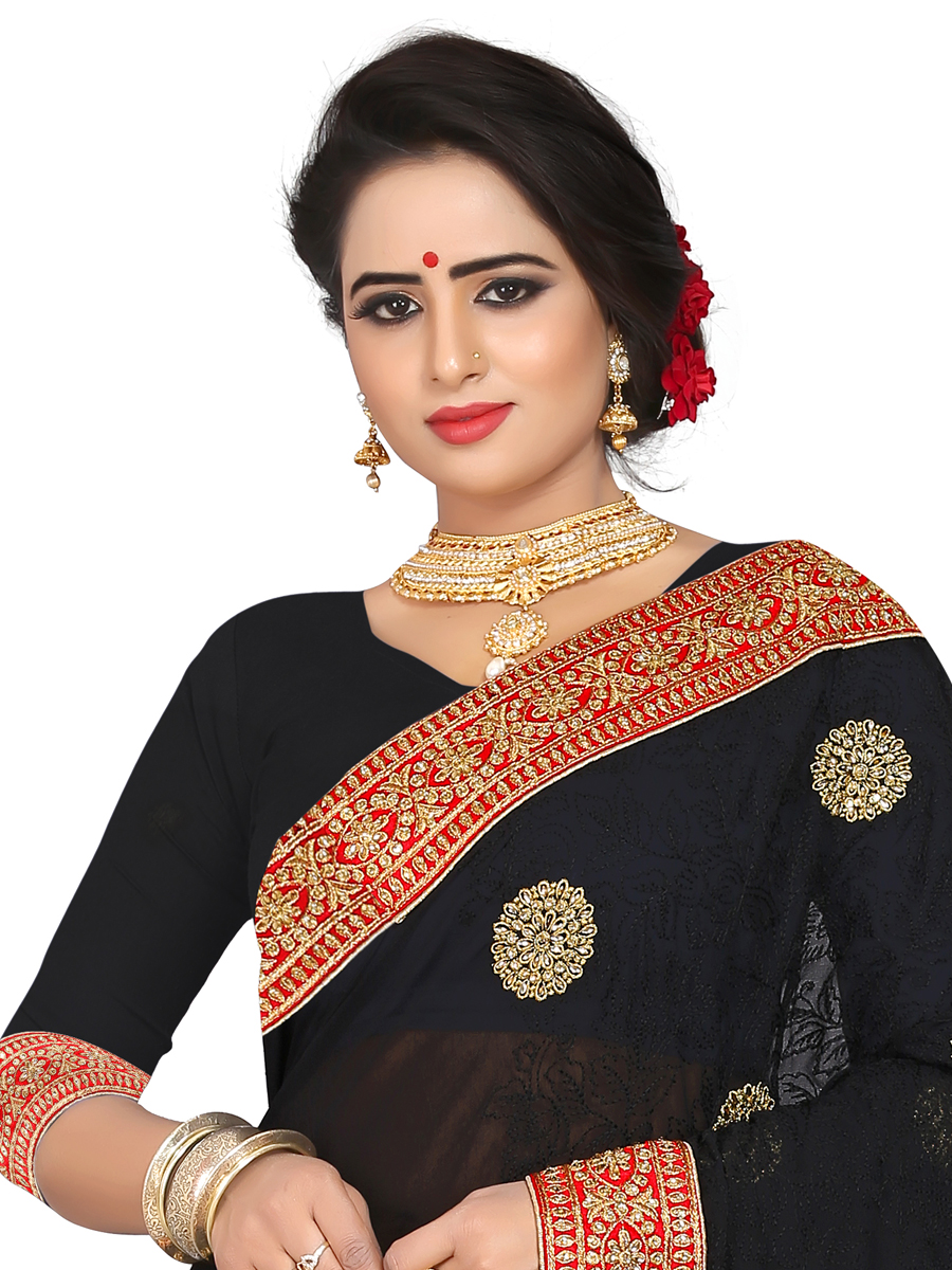 Black Faux Georgette Embroidered Party Saree
