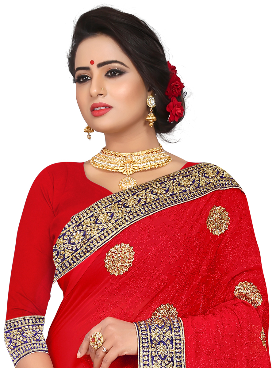 Rose Madder Red Faux Georgette Embroidered Party Saree