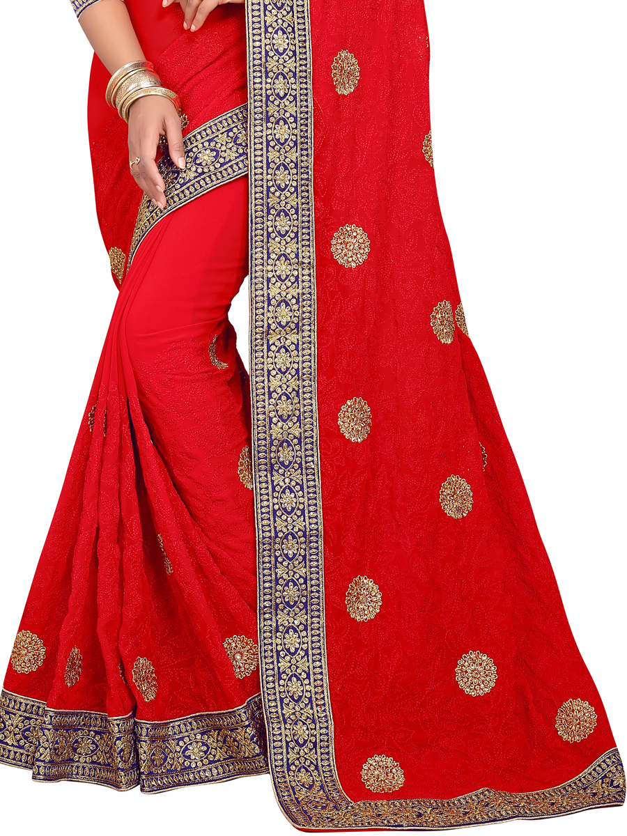 Rose Madder Red Faux Georgette Embroidered Party Saree