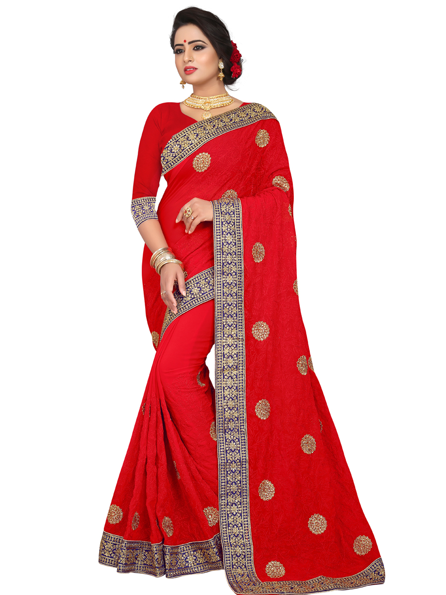 Rose Madder Red Faux Georgette Embroidered Party Saree