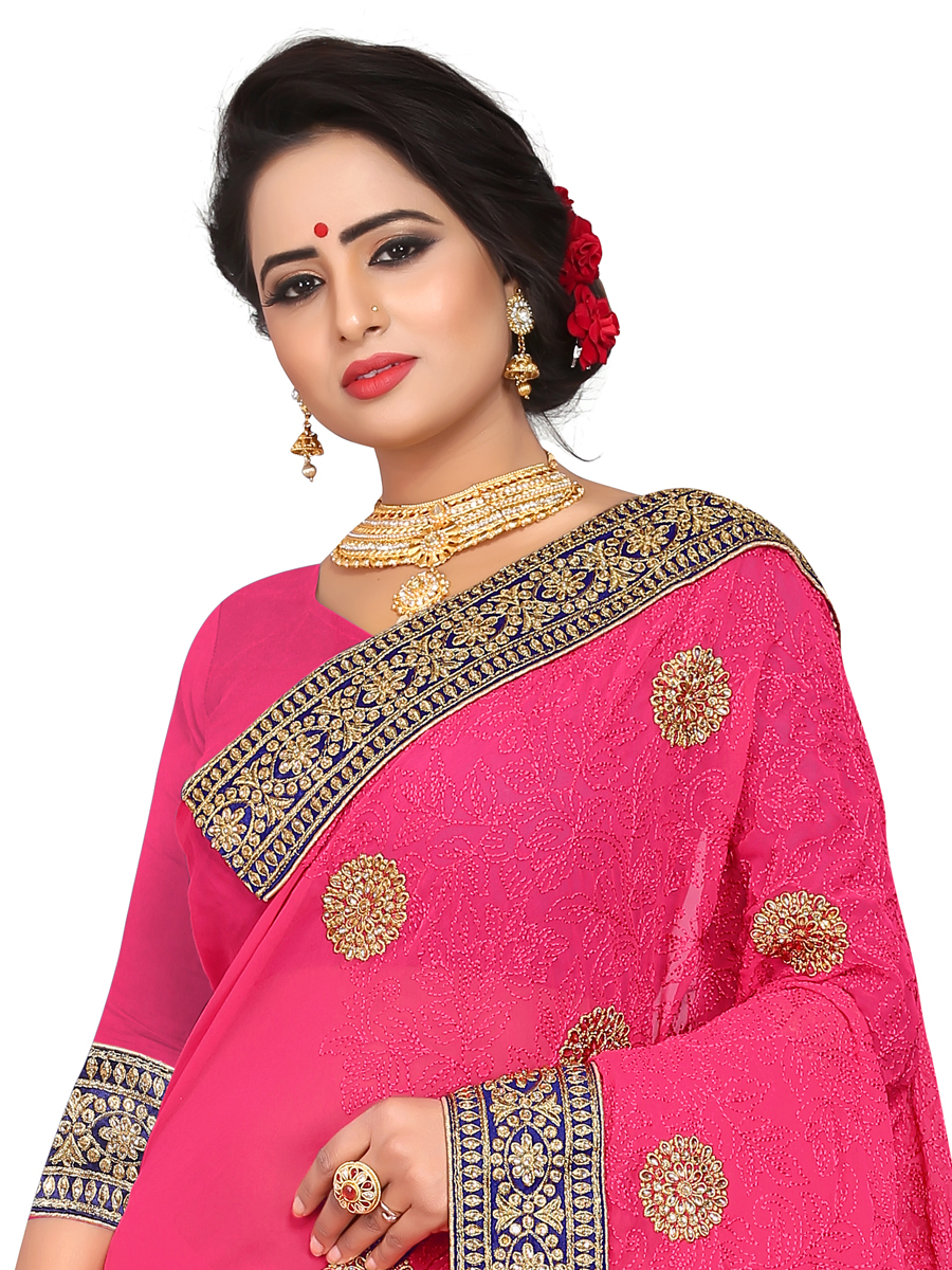 Cerise Pink Faux Georgette Embroidered Party Saree