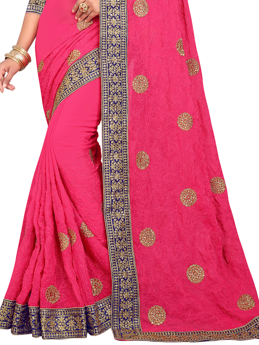 Cerise Pink Faux Georgette Embroidered Party Saree