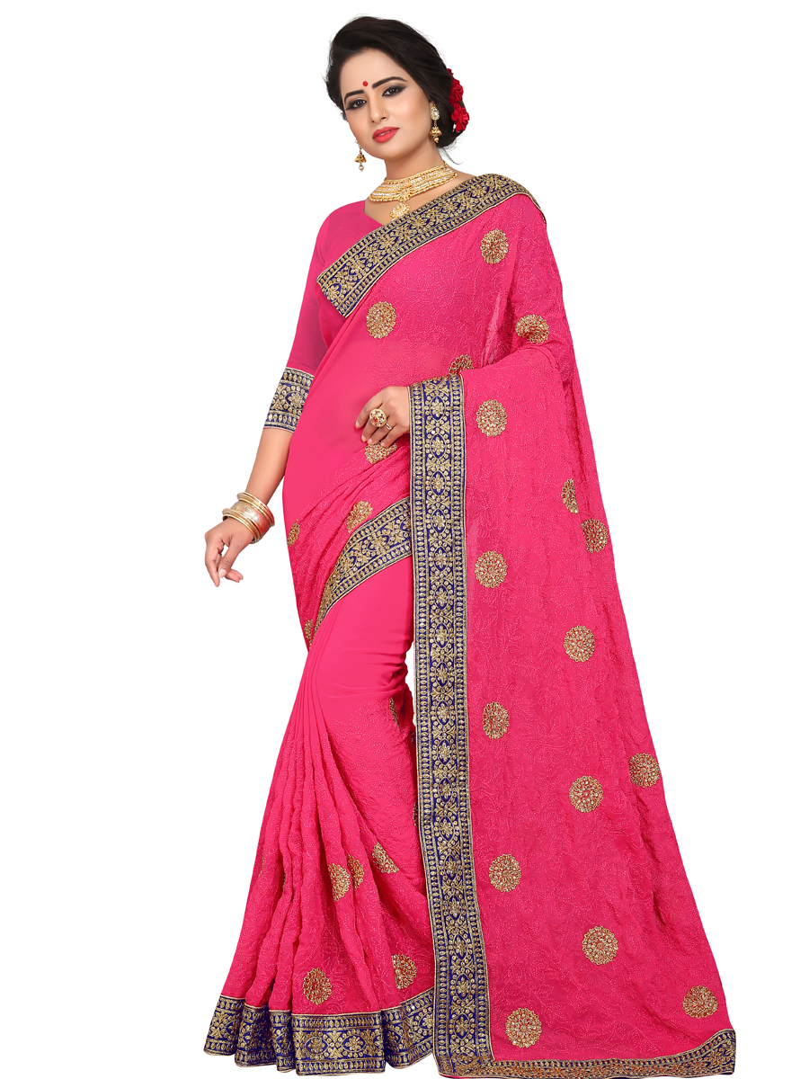 Cerise Pink Faux Georgette Embroidered Party Saree