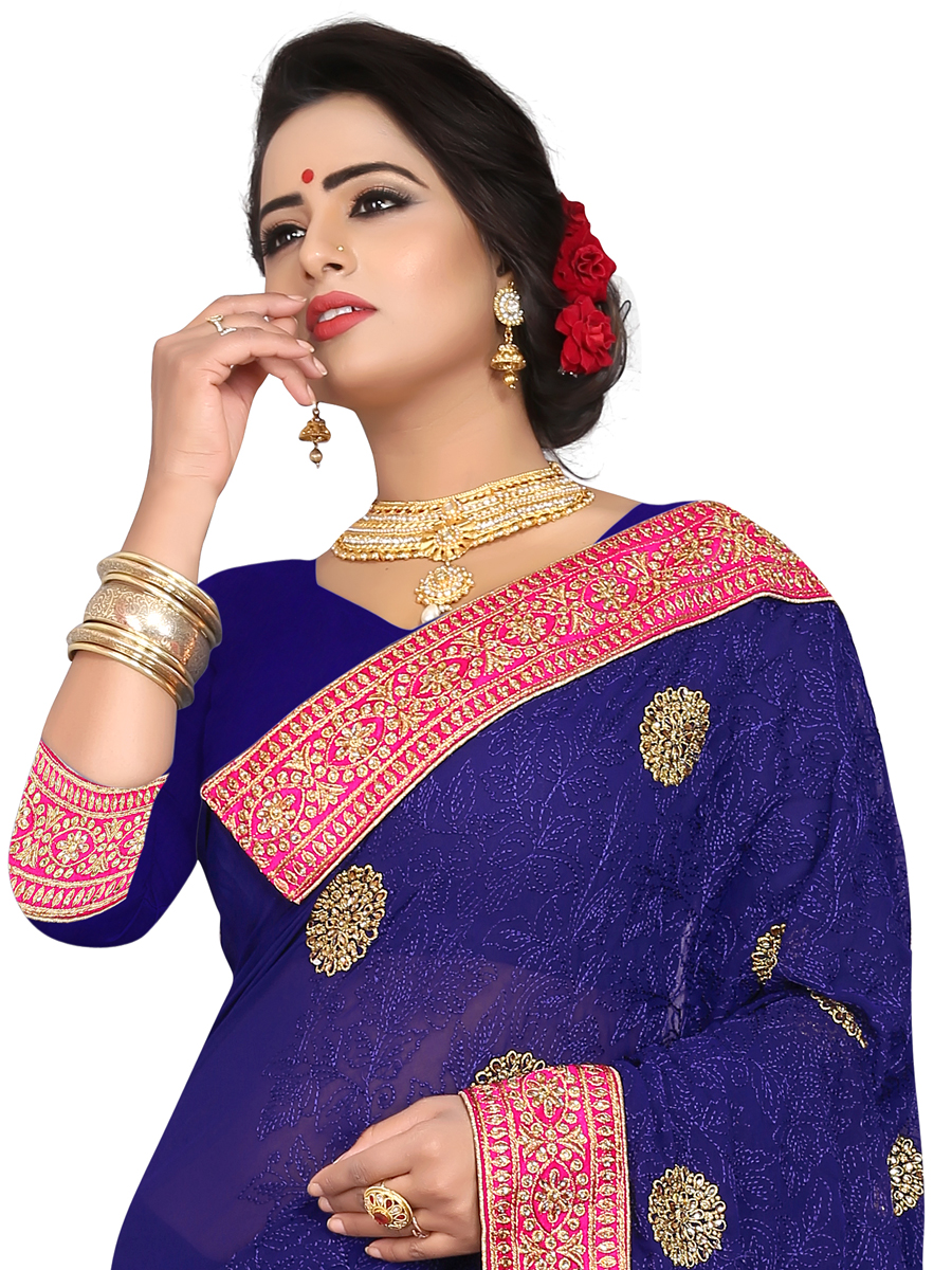 Navy Blue Faux Georgette Embroidered Party Saree