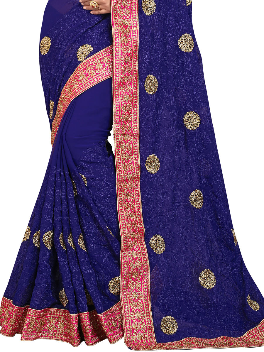 Navy Blue Faux Georgette Embroidered Party Saree