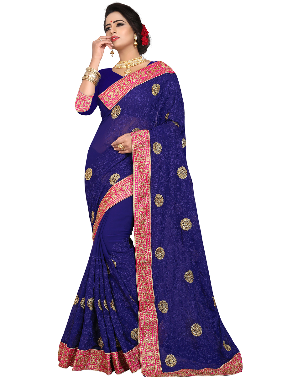 Navy Blue Faux Georgette Embroidered Party Saree