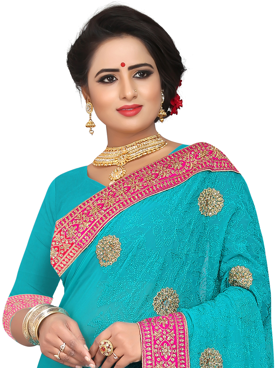 Turquoise Blue Faux Georgette Embroidered Party Saree
