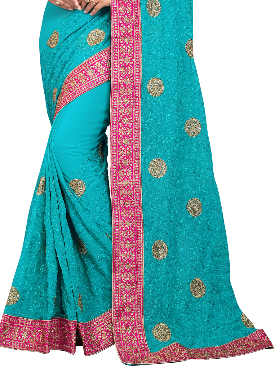 Turquoise Blue Faux Georgette Embroidered Party Saree