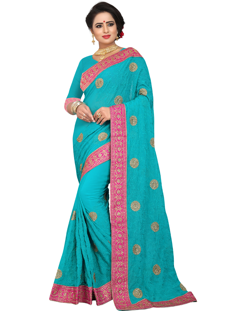 Turquoise Blue Faux Georgette Embroidered Party Saree