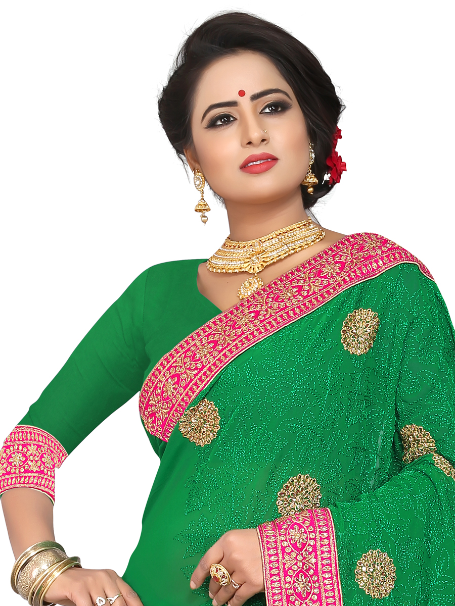 Dark Green Faux Georgette Embroidered Party Saree