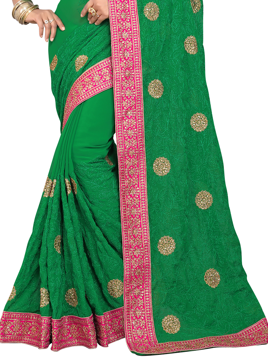 Dark Green Faux Georgette Embroidered Party Saree