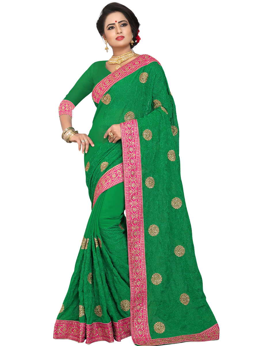 Dark Green Faux Georgette Embroidered Party Saree