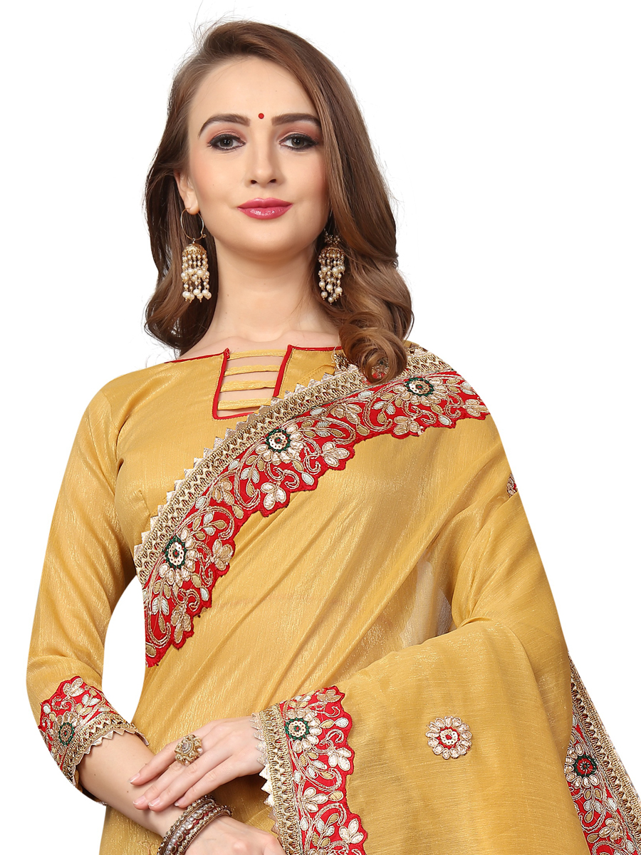 Mustard Yellow Cotton Silk Embroidered Party Saree