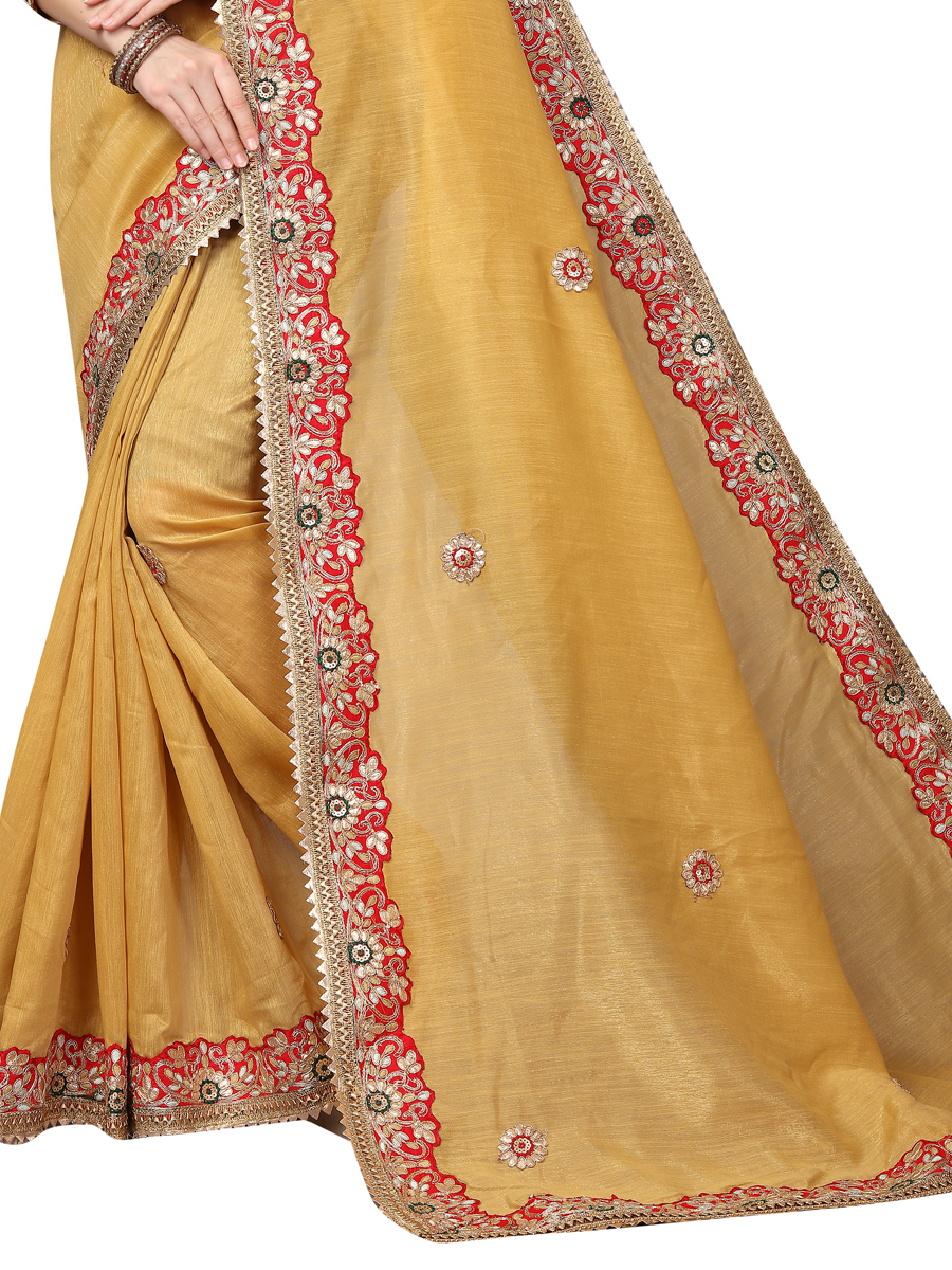 Mustard Yellow Cotton Silk Embroidered Party Saree