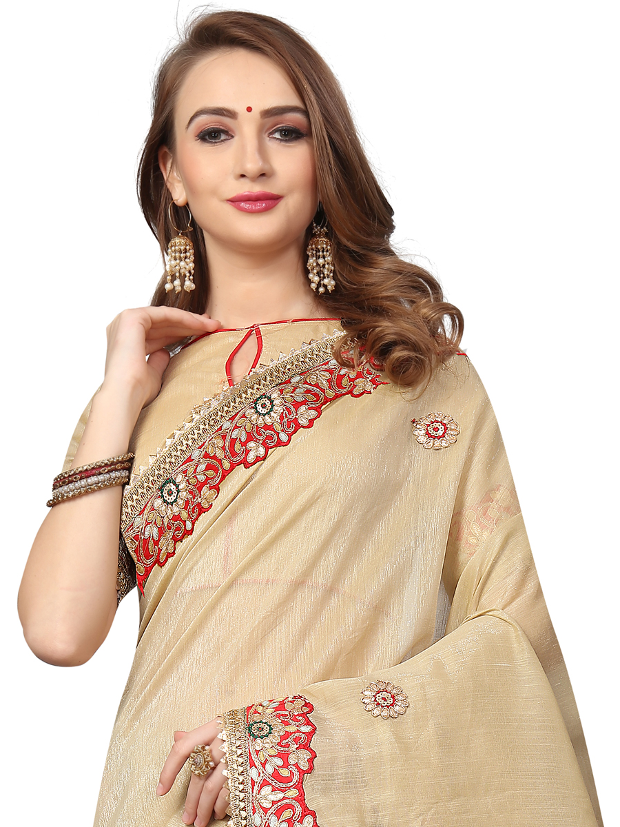 Tan Brown Cotton Silk Embroidered Party Saree