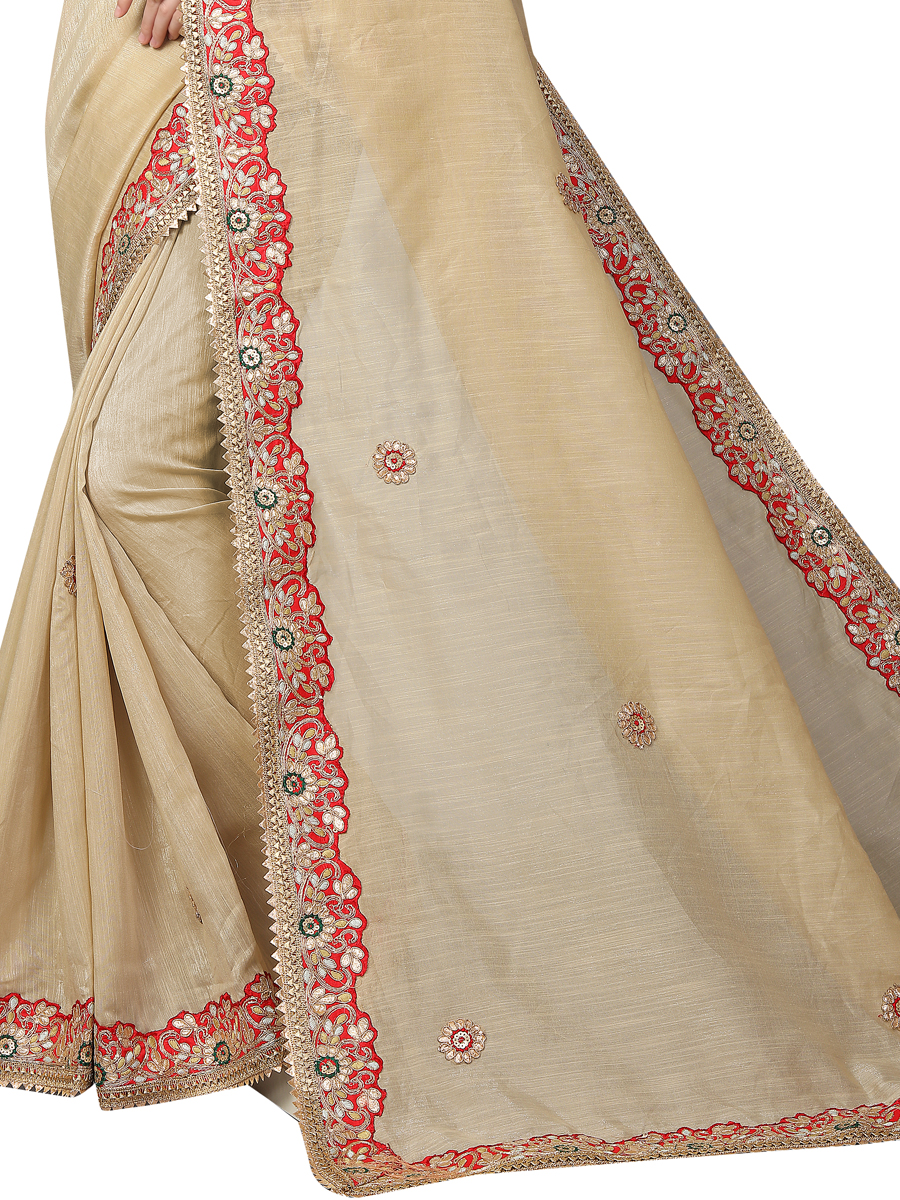 Tan Brown Cotton Silk Embroidered Party Saree