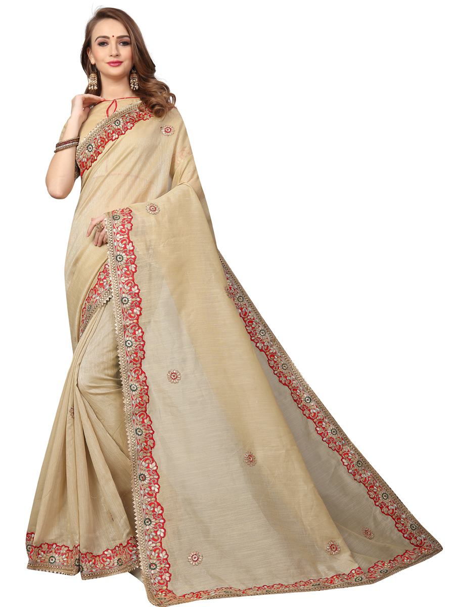 Tan Brown Cotton Silk Embroidered Party Saree