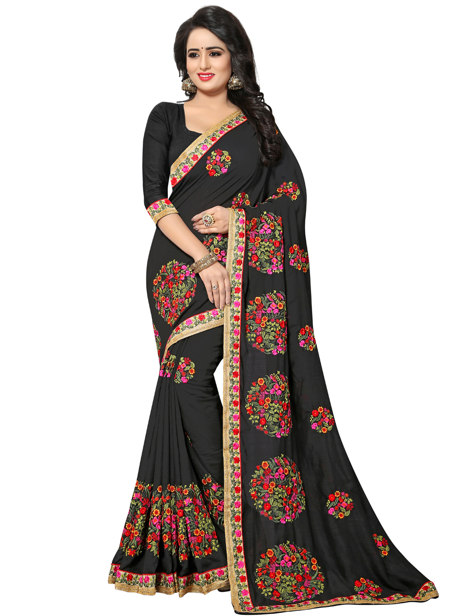 Black Vichitra Silk Embroidered Party Saree