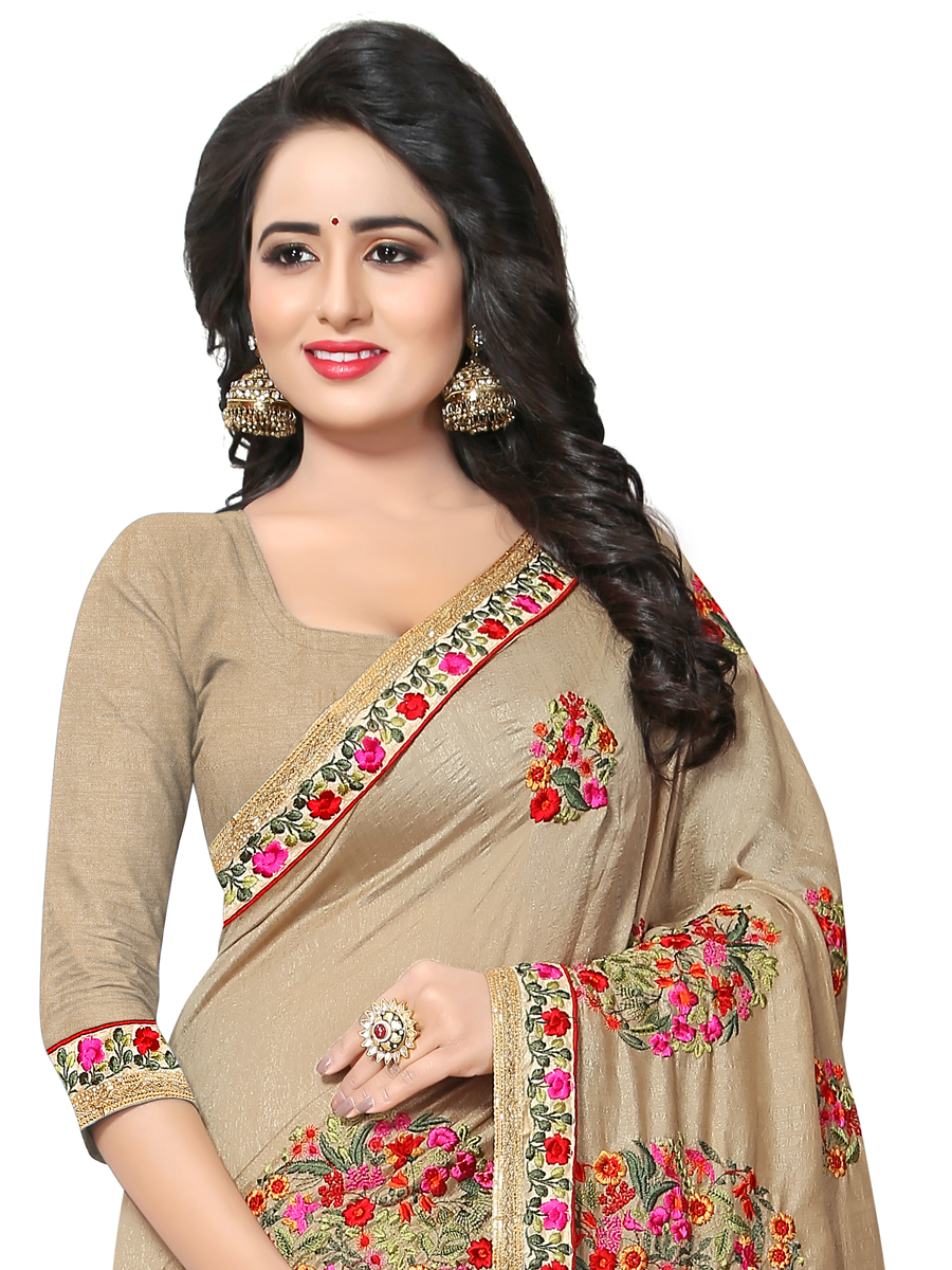 Tan Brown Vichitra Silk Embroidered Party Saree