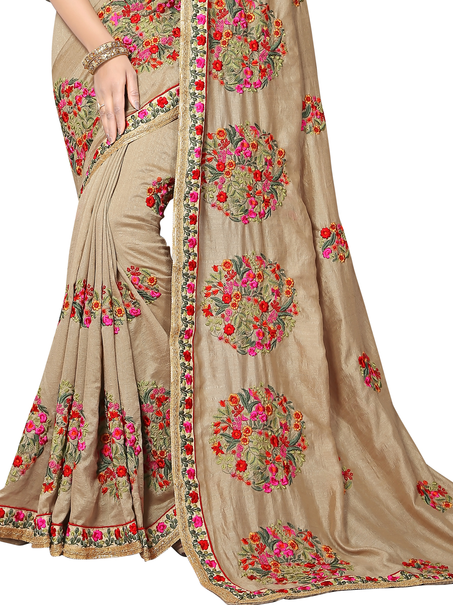 Tan Brown Vichitra Silk Embroidered Party Saree