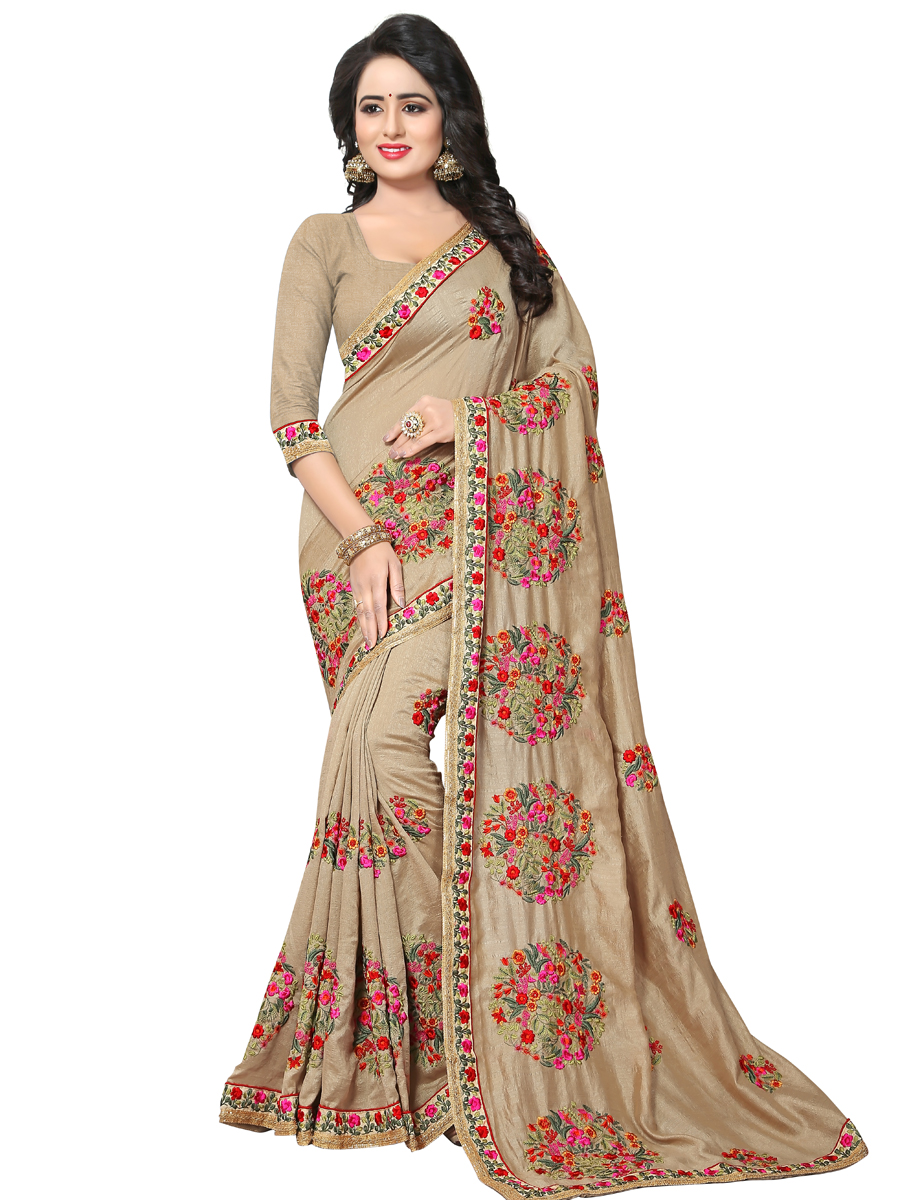 Tan Brown Vichitra Silk Embroidered Party Saree
