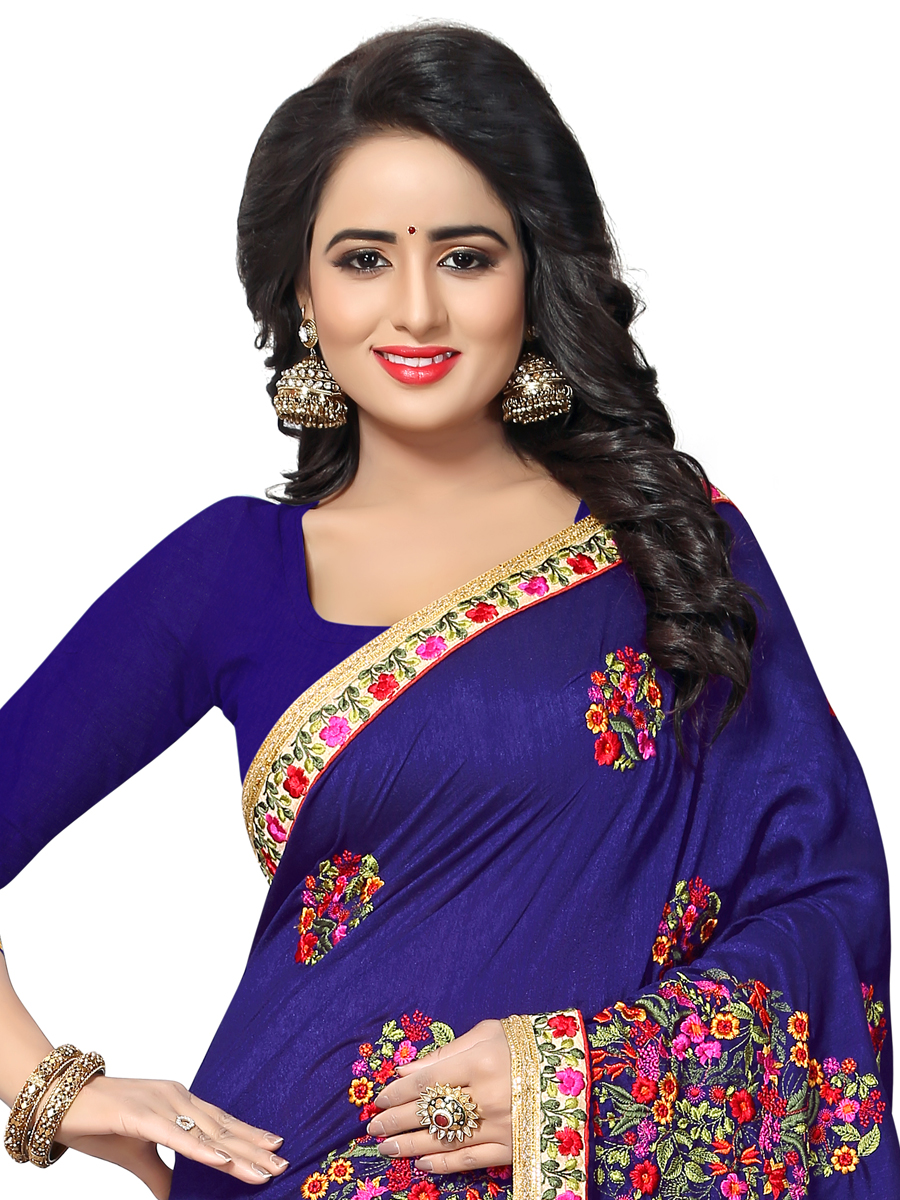 Navy Blue Vichitra Silk Embroidered Party Saree