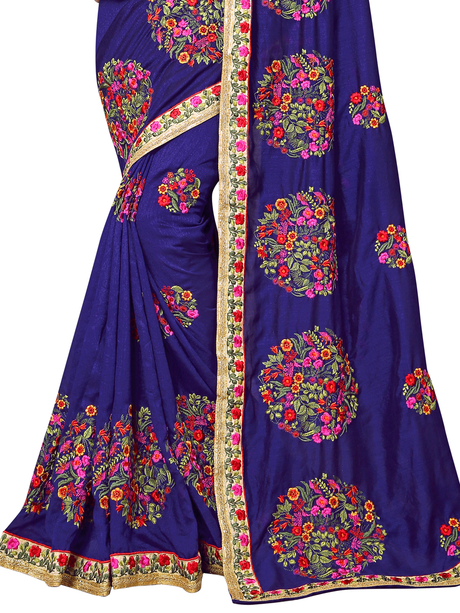 Navy Blue Vichitra Silk Embroidered Party Saree