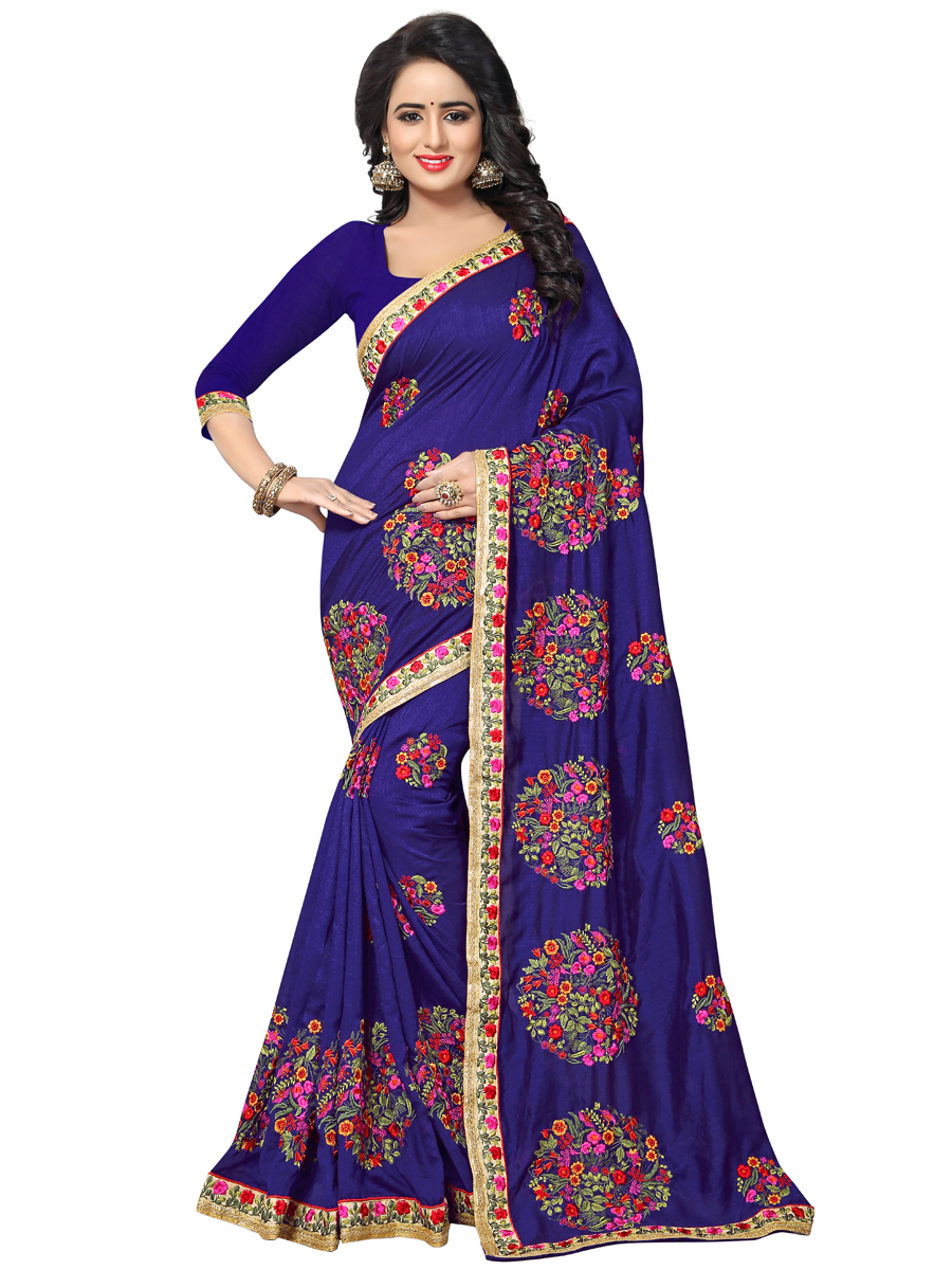 Navy Blue Vichitra Silk Embroidered Party Saree
