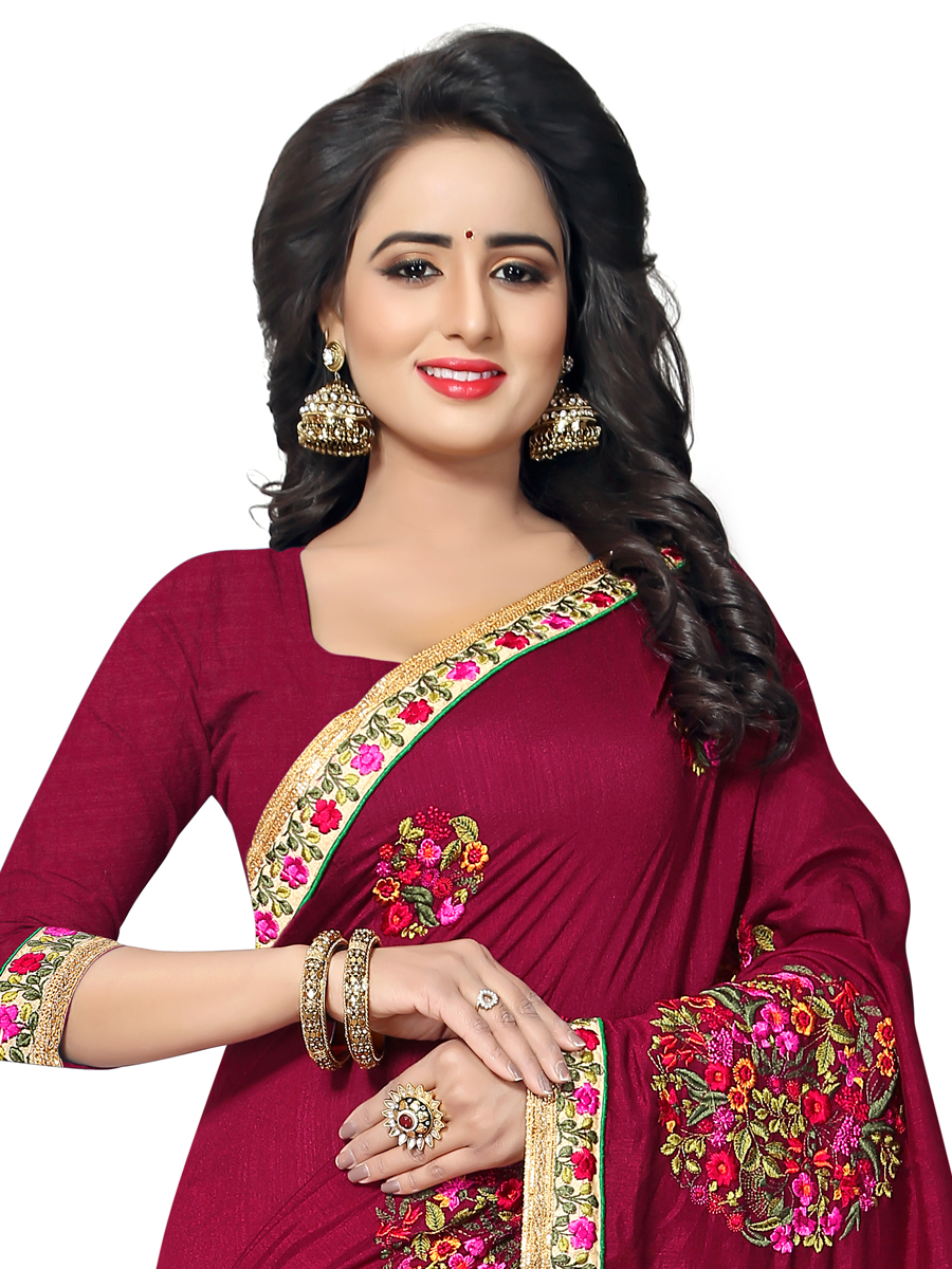 Maroon Vichitra Silk Embroidered Party Saree