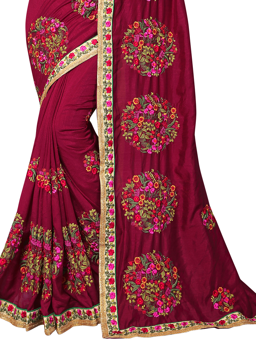 Maroon Vichitra Silk Embroidered Party Saree