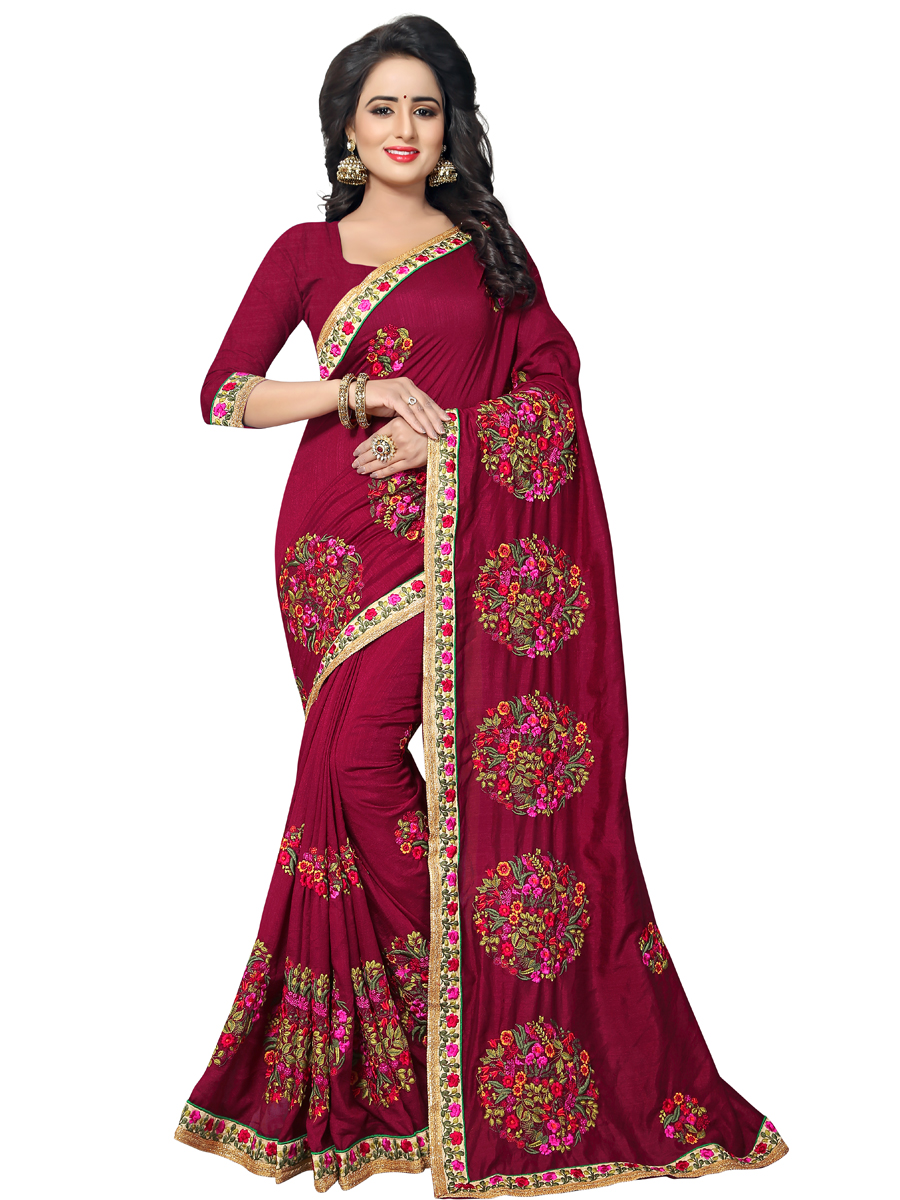 Maroon Vichitra Silk Embroidered Party Saree