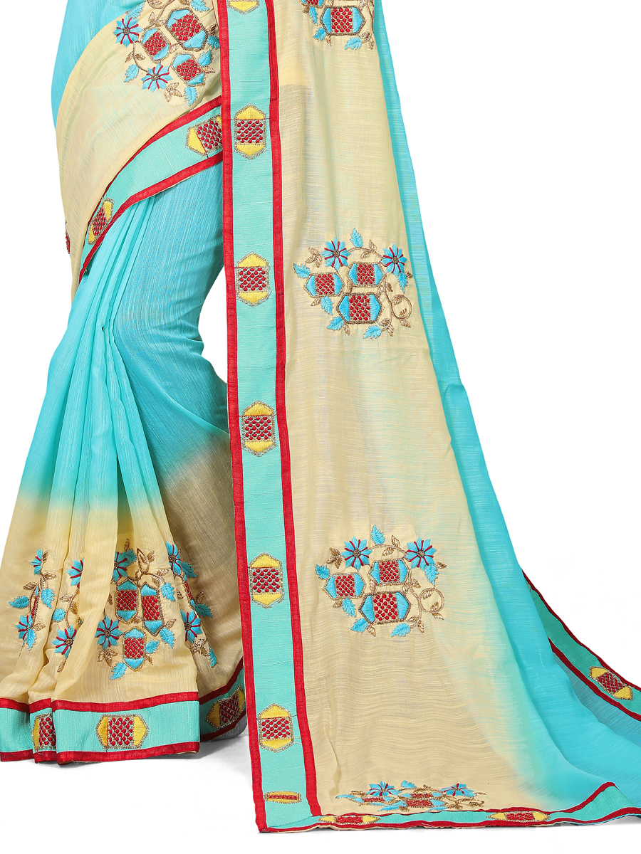 Sky Blue and Cream Yellow Art Silk Embroidered Party Saree