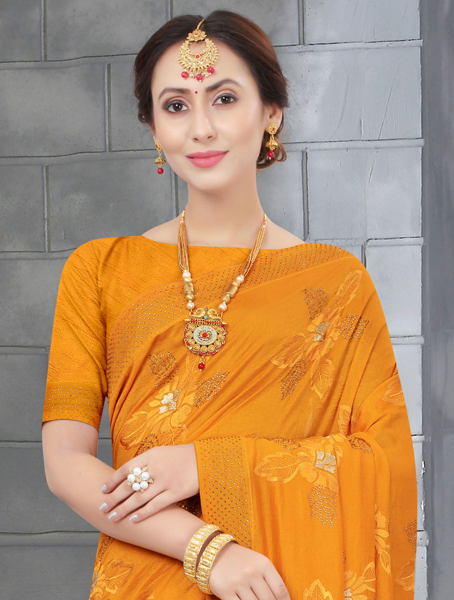 Mustard Yellow Vichitra Silk Embroidered Party Saree